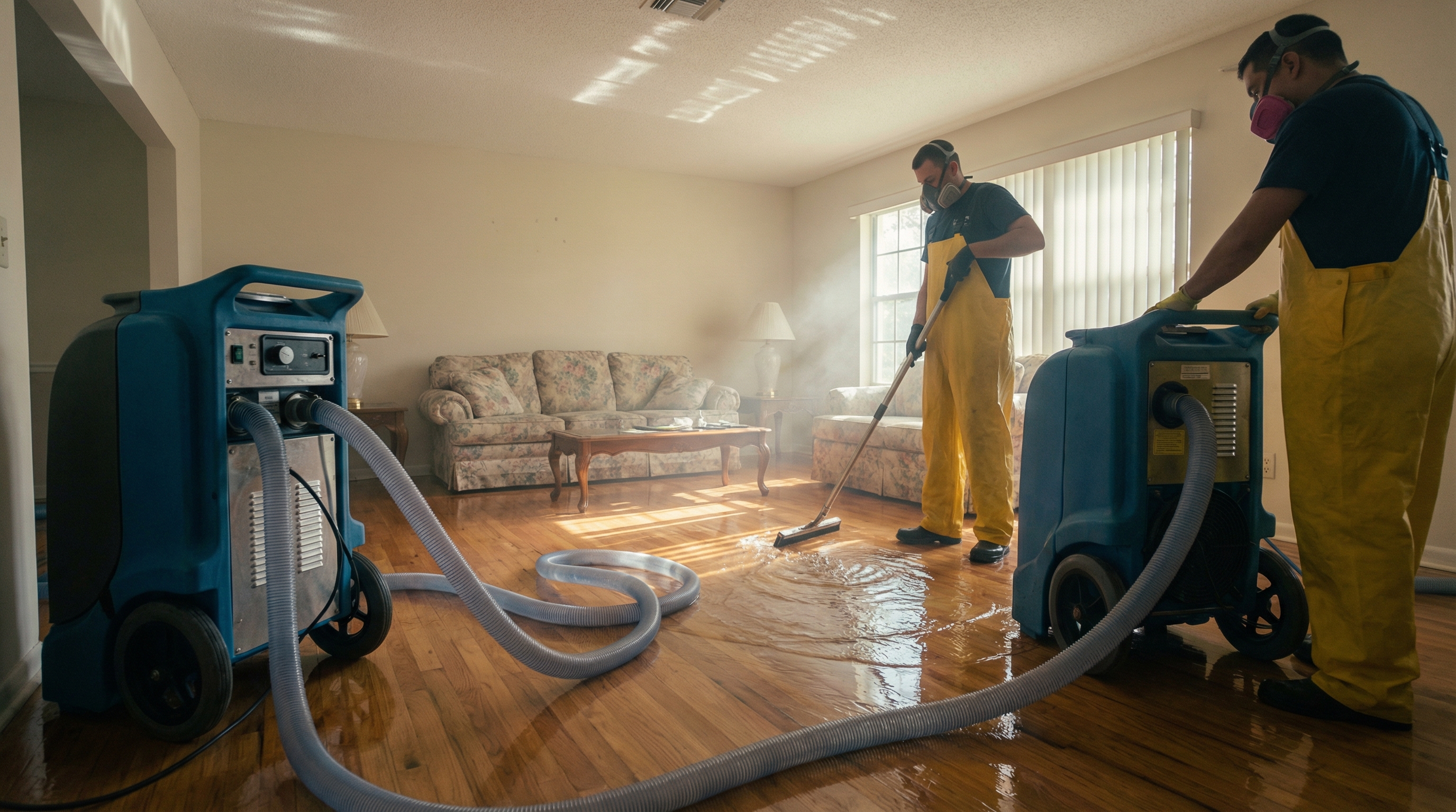Industrial water extraction equipment removing standing water from flooded Florida home interior