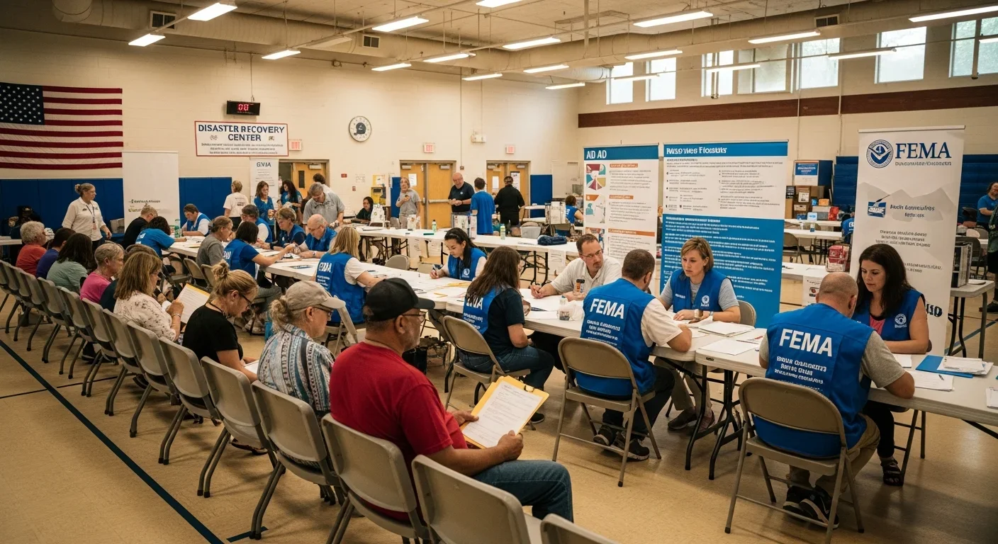 FEMA disaster recovery center set up in a Western North Carolina community center with residents receiving assistance after Hurricane Helene flooding