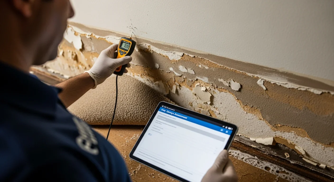 Restoration professional using a moisture meter and tablet to document flood damage in a Western North Carolina home for insurance claims