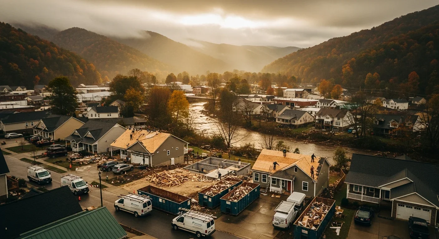 Aerial view of Western North Carolina mountain town showing flood recovery and restoration work in progress with Blue Ridge Mountains in the background