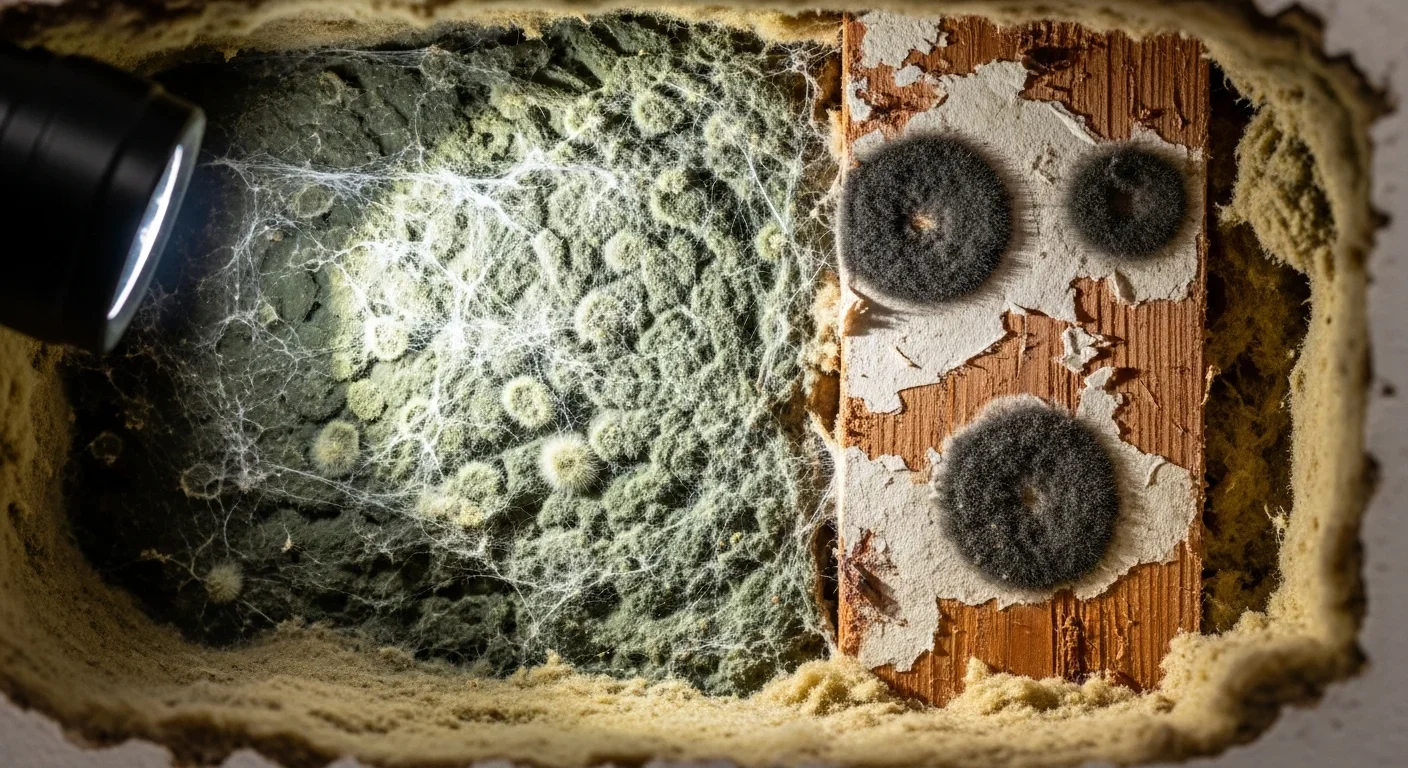 Close-up of black and green mold colonies growing inside an opened wall cavity after flood damage showing contaminated insulation and drywall