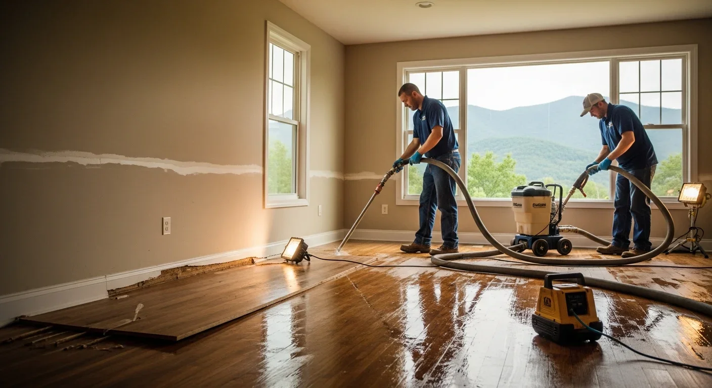 Professional restoration team performing water extraction from a flood-damaged Western North Carolina home using commercial truck-mounted equipment