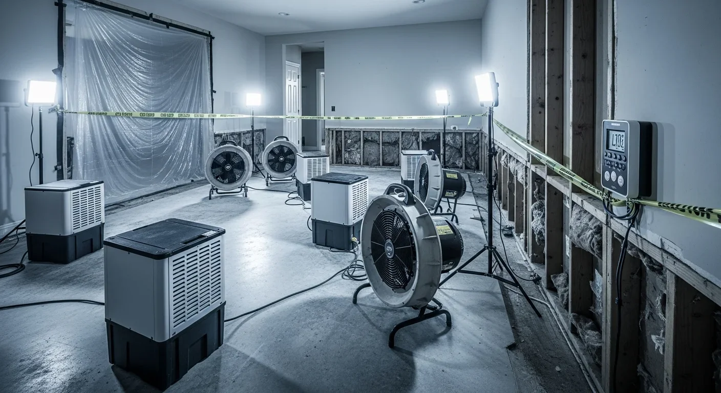 Commercial dehumidifiers and air movers set up for structural drying in a flood-damaged Western North Carolina home with baseboards and lower drywall removed