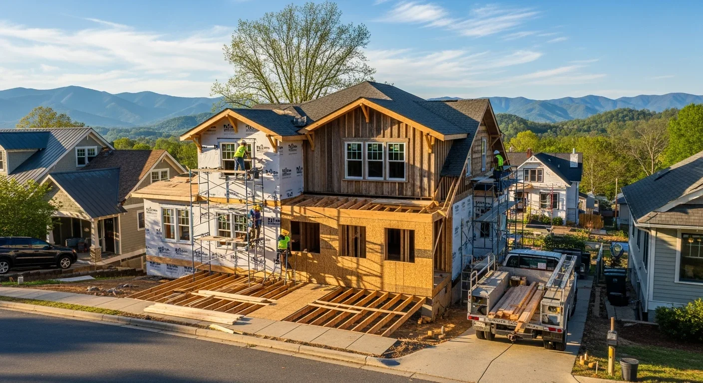 Home reconstruction in progress in a Western North Carolina mountain community after flood damage with new framing and Blue Ridge Mountains in background