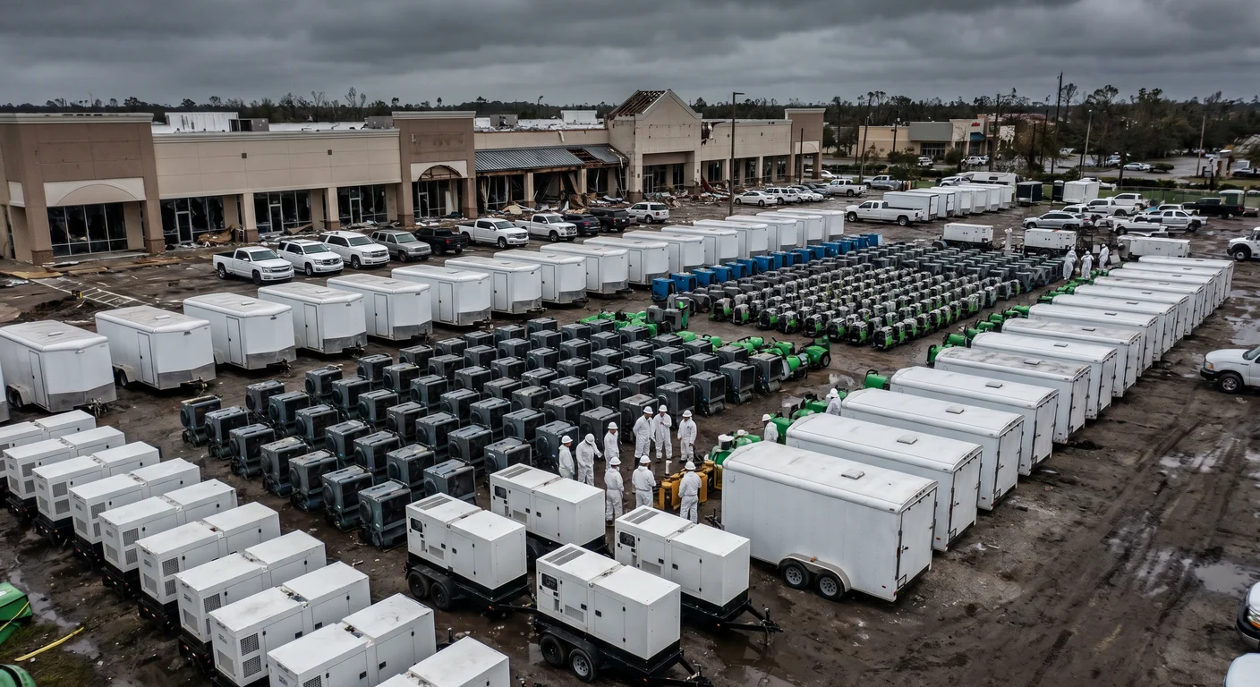 Large-scale catastrophe staging area with multiple restoration trucks and equipment deployed to a multi-building commercial property