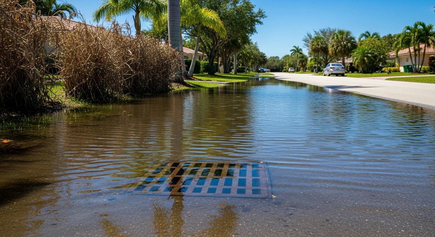 Flooded South Florida residential street on a completely sunny day with submerged storm drain grate visible beneath standing water — blue-sky tidal flooding