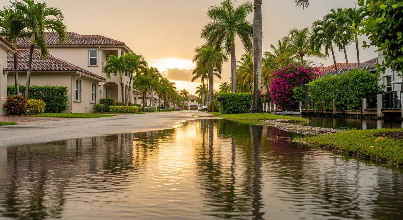 Flooded residential street in Wilton Manors, Florida lined with canals, stucco homes, and palm trees — water pooling after rainfall at golden hour
