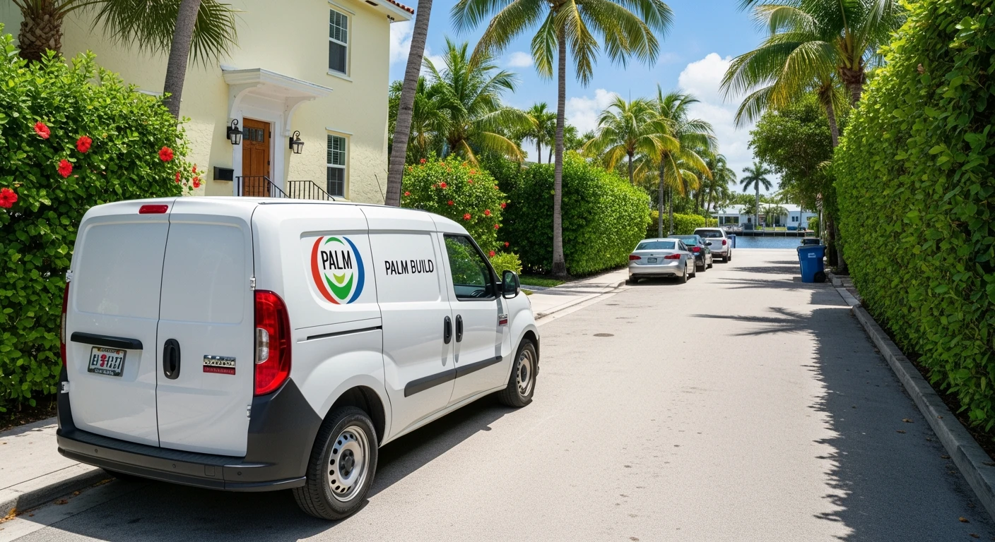 Palm Build branded white restoration van parked on a quiet Wilton Manors residential street lined with tropical hedges, palm trees, and a glimpse of canal at the end of the block