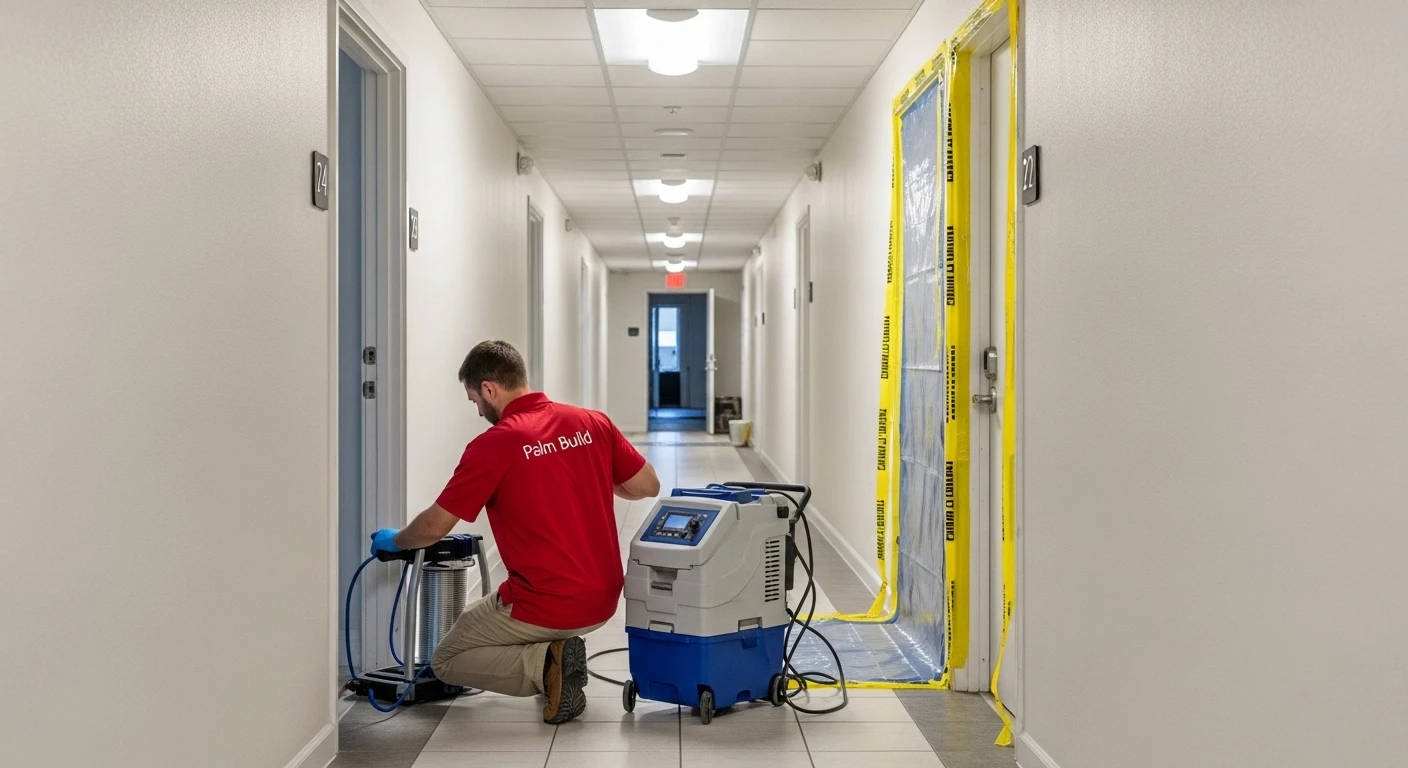 Palm Build restoration technician in branded red shirt setting up commercial air scrubber in a condominium corridor with yellow containment tape on doorway