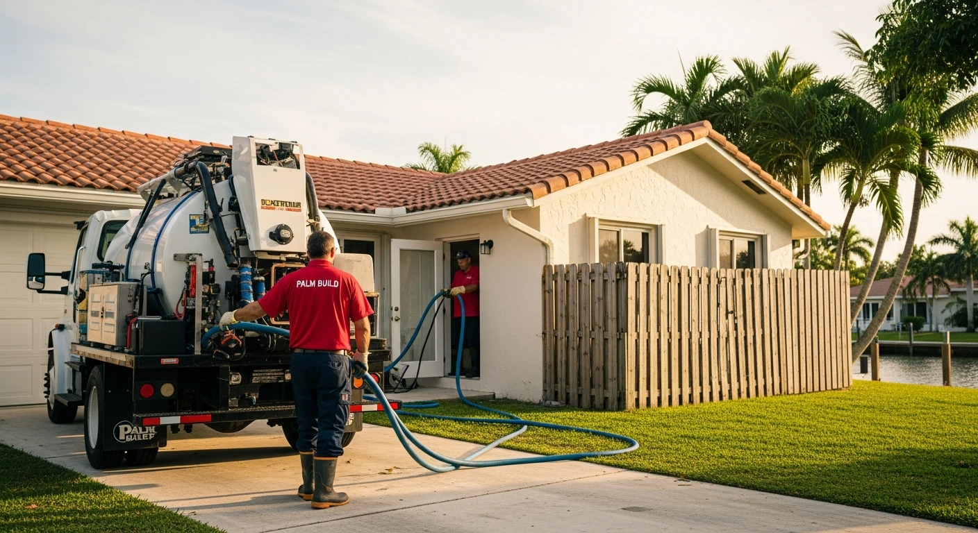 Palm Build restoration technician in red branded shirt operating commercial truck-mount water extraction unit at a South Florida stucco home with palm trees in background
