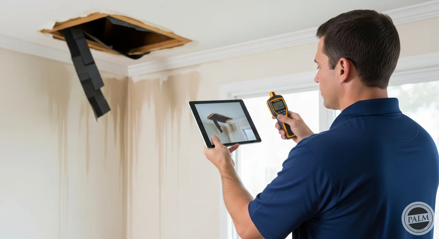Palm Build restoration technician using a tablet and moisture meter to document hurricane damage inside a home with visible ceiling water stains from wind-driven rain