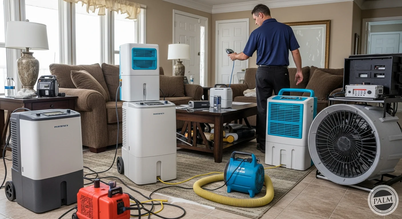 Professional dehumidifiers and air movers set up inside a hurricane-damaged living room for emergency drying, with a Palm Build technician monitoring equipment readings