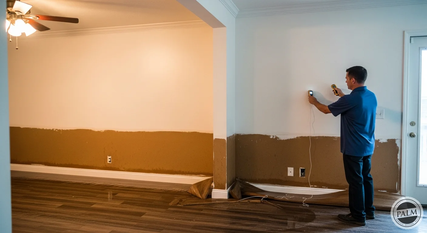 Interior of a flood-damaged home showing a clear water line on white walls about three feet high, with swollen baseboards and warped flooring from hurricane storm surge