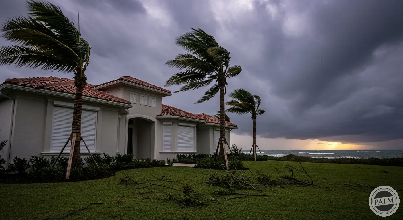 Florida coastal home with hurricane shutters installed under dramatic darkening skies as a storm approaches, with palm trees bending in increasing winds
