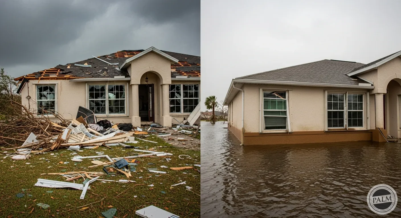 Split view of hurricane damage showing wind-torn roof and siding on one side and flood surge water line on the other side of a residential home