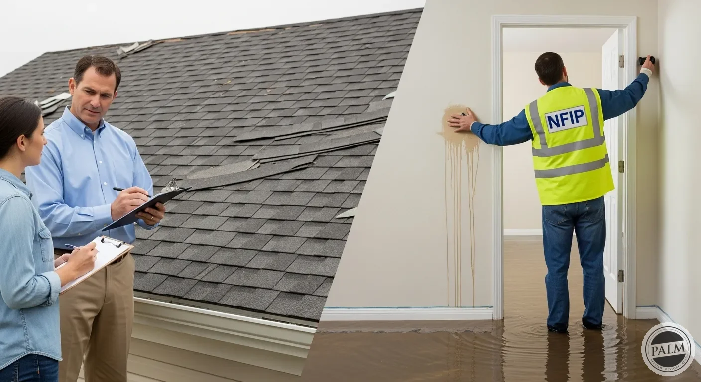 Split image showing two insurance adjusters assessing the same hurricane-damaged property: one evaluating wind damage to the roof, the other documenting flood water lines on the first floor
