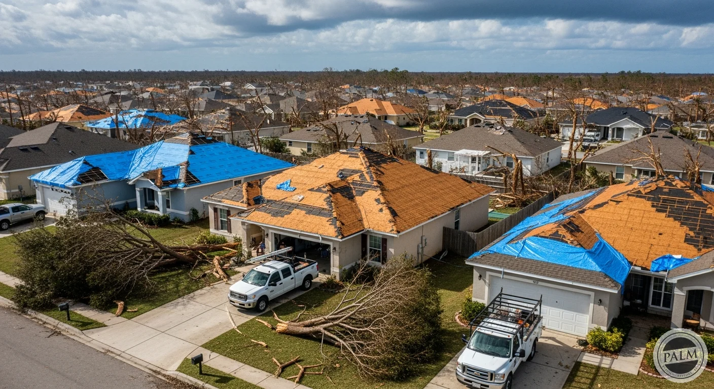 Aerial view of a residential neighborhood after a hurricane showing severe roof damage with missing shingles, exposed decking, and emergency tarps on multiple homes