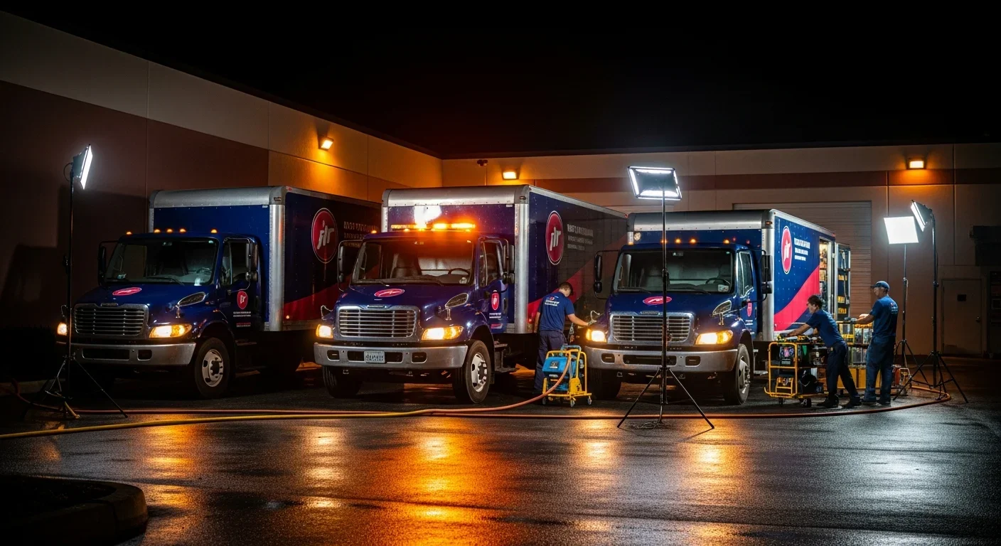 Palm Build commercial restoration crew dispatching at night with branded trucks under floodlights