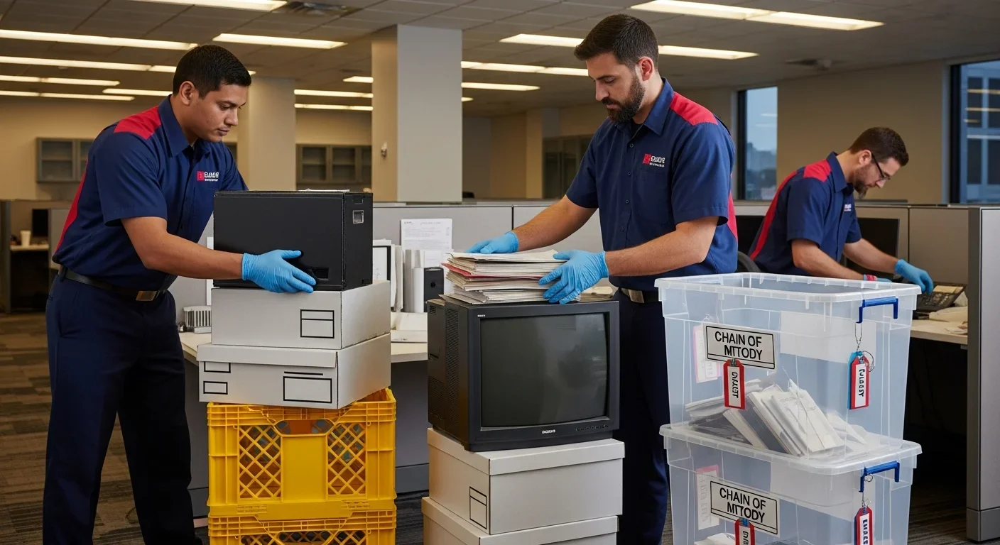 Commercial contents pack-out with chain-of-custody crates and uniformed crew