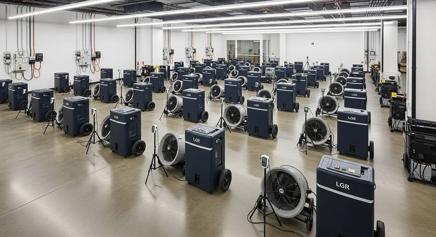 Open commercial floor with grid array of LGR dehumidifiers and air movers