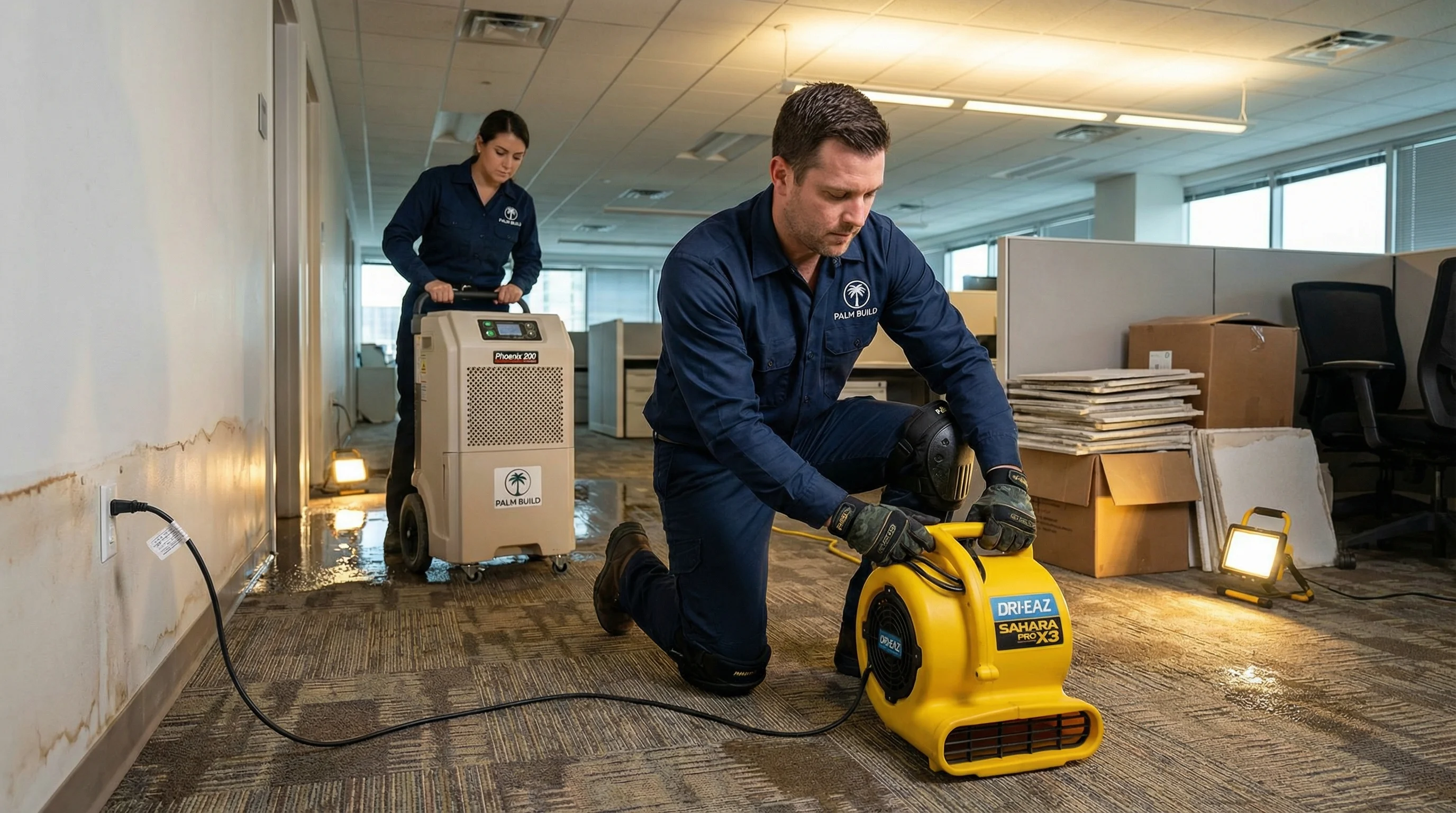 Commercial drying equipment deployed in office space
