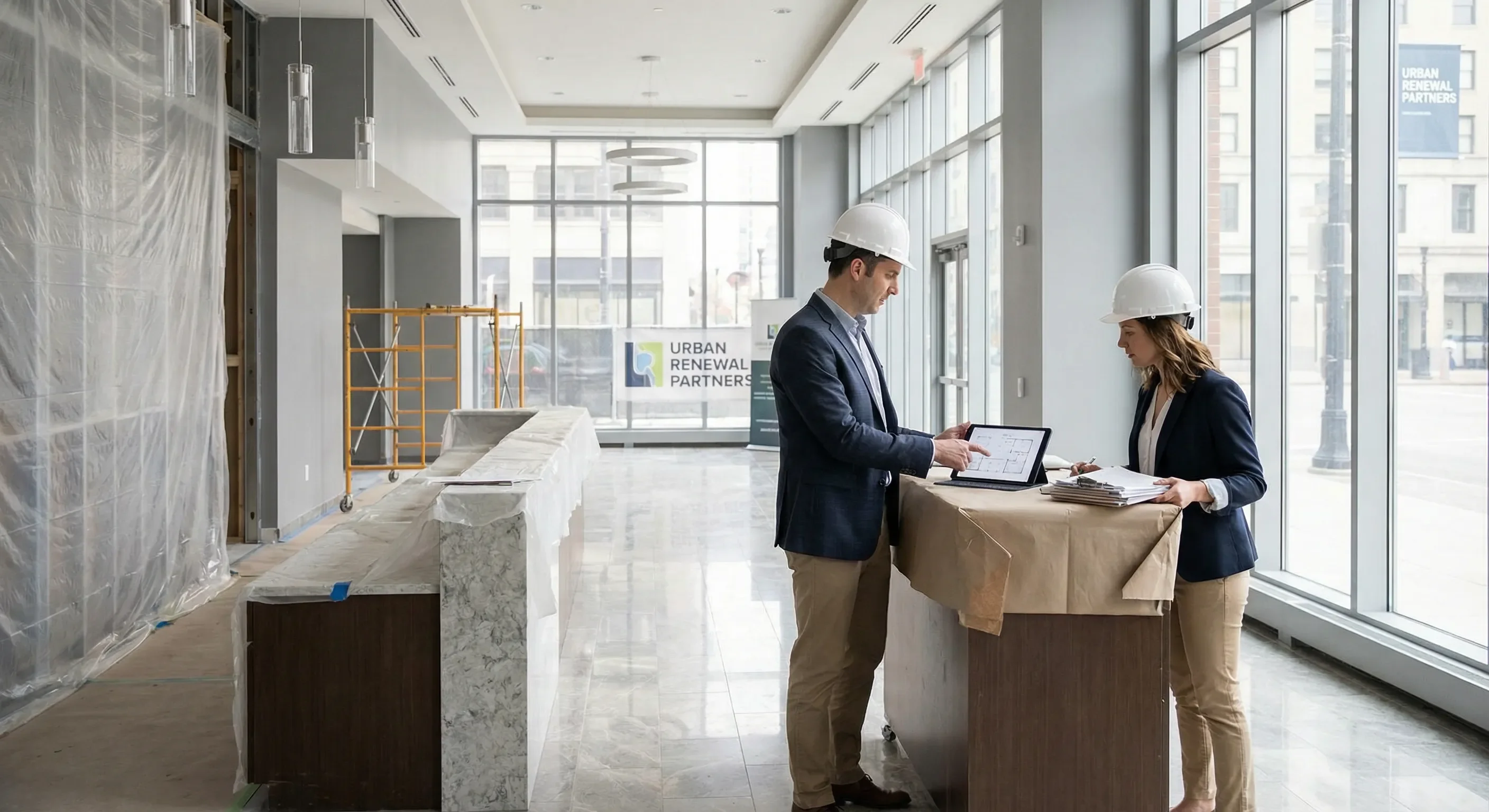 Property manager and restoration project manager reviewing plans in commercial building