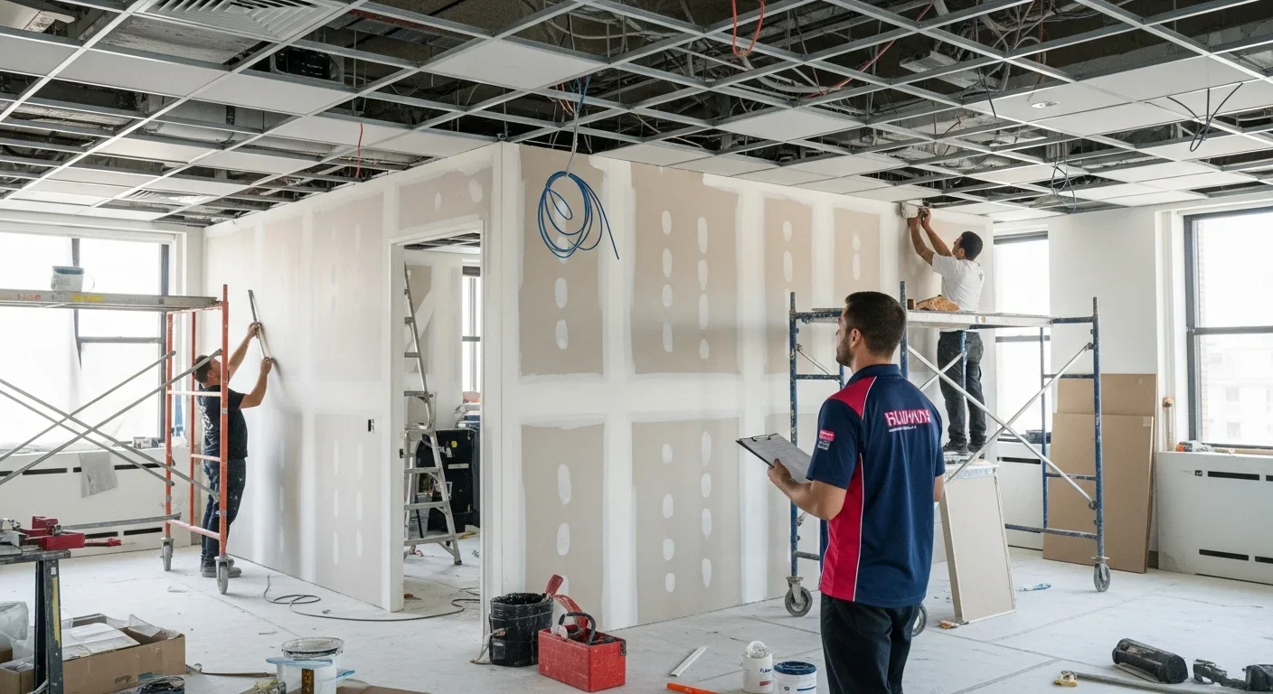 Commercial office space mid-reconstruction with new drywall and supervision