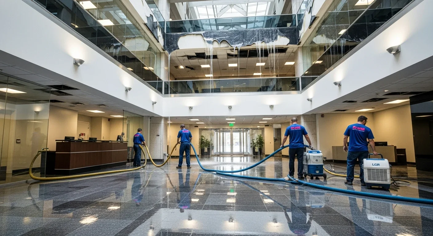 Multi-floor office building water damage response with crew extracting from marble lobby