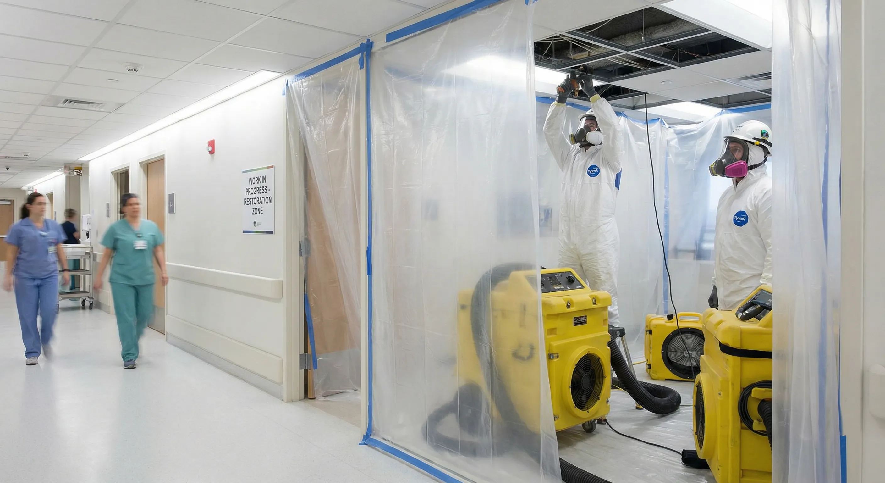Healthcare facility restoration with containment barriers and ICRA protocols