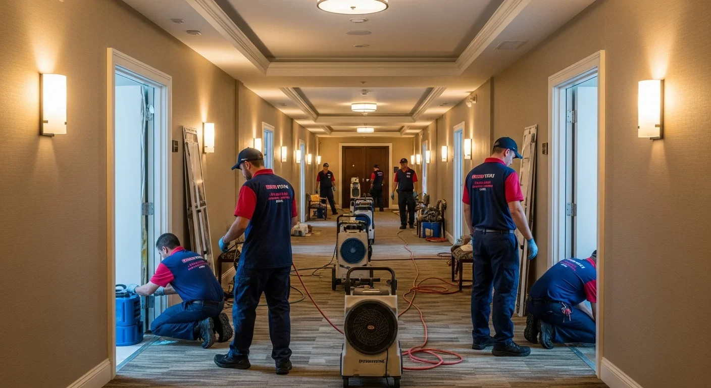 Upper-floor high-rise corridor with restoration crew responding to a water loss