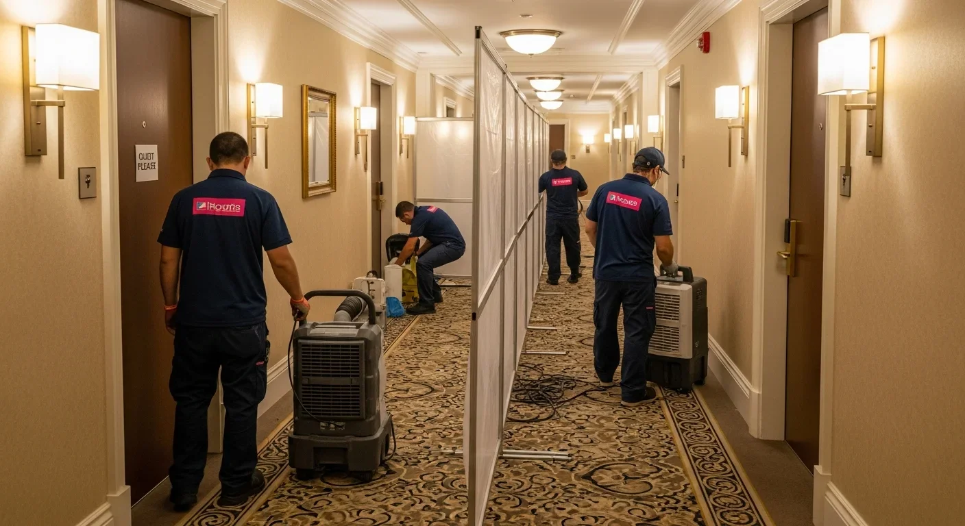 Hotel corridor restoration with phased containment and air movers