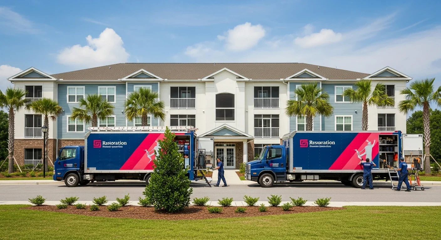 Palm Build commercial restoration crew responding to a multi-family apartment building water loss