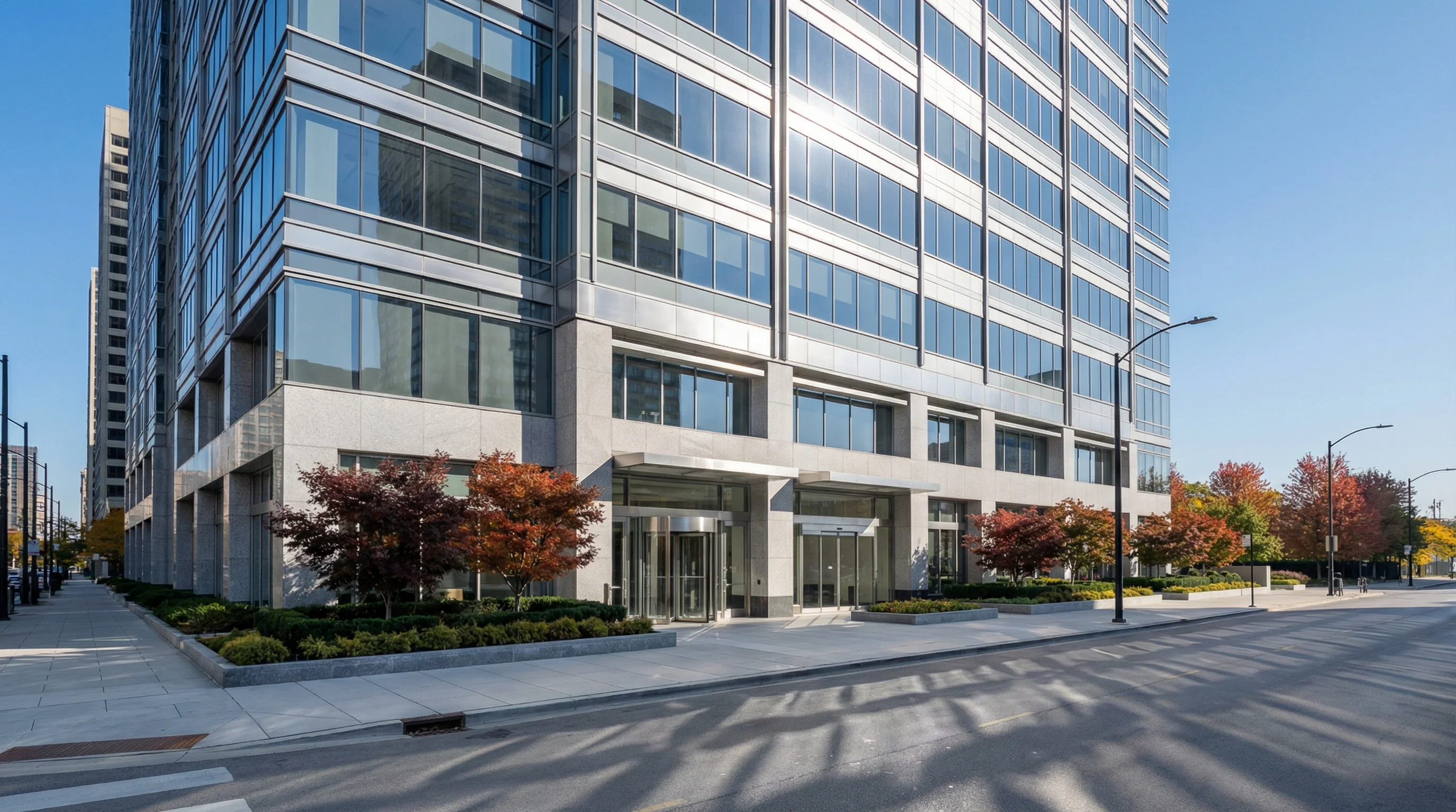 Modern commercial office building property served by restoration services