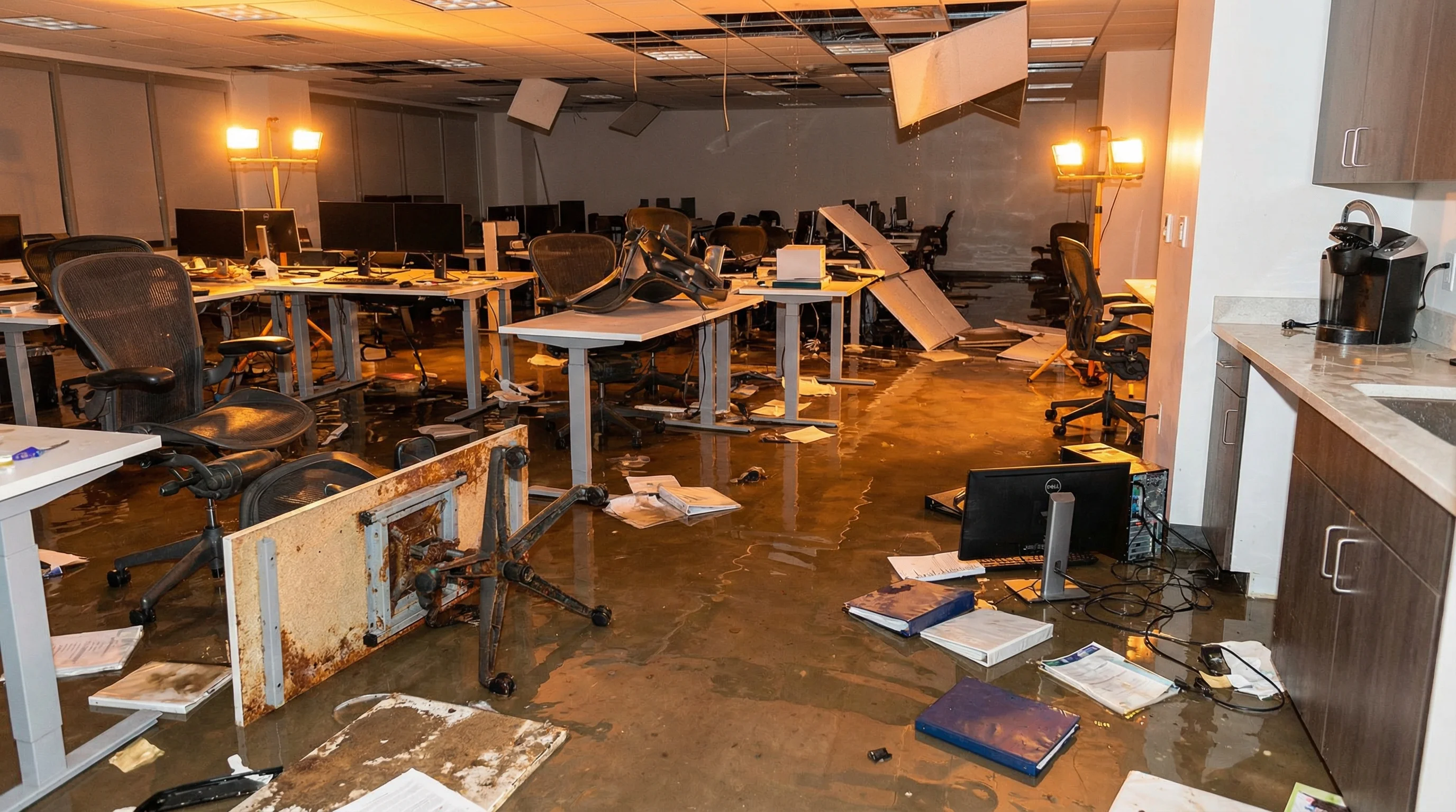Flooded commercial office interior showing water damage affecting business operations