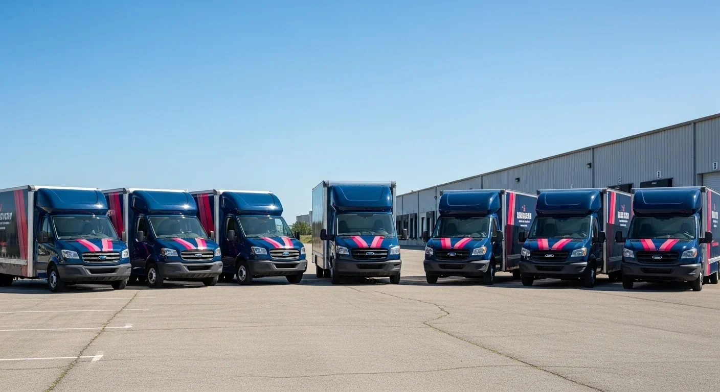 Palm Build Restoration commercial truck fleet staged at warehouse facility