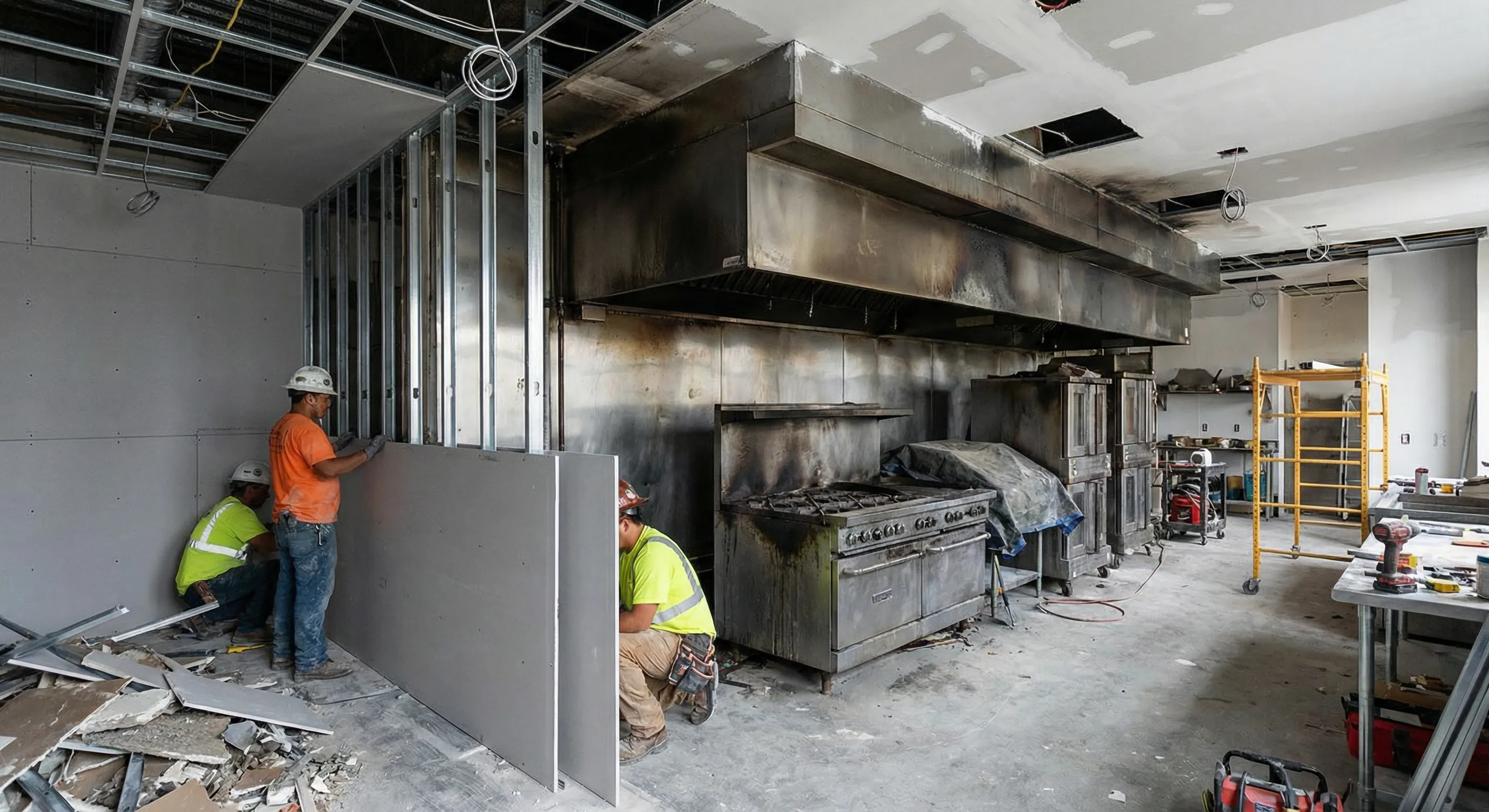 Restaurant kitchen being restored after fire damage