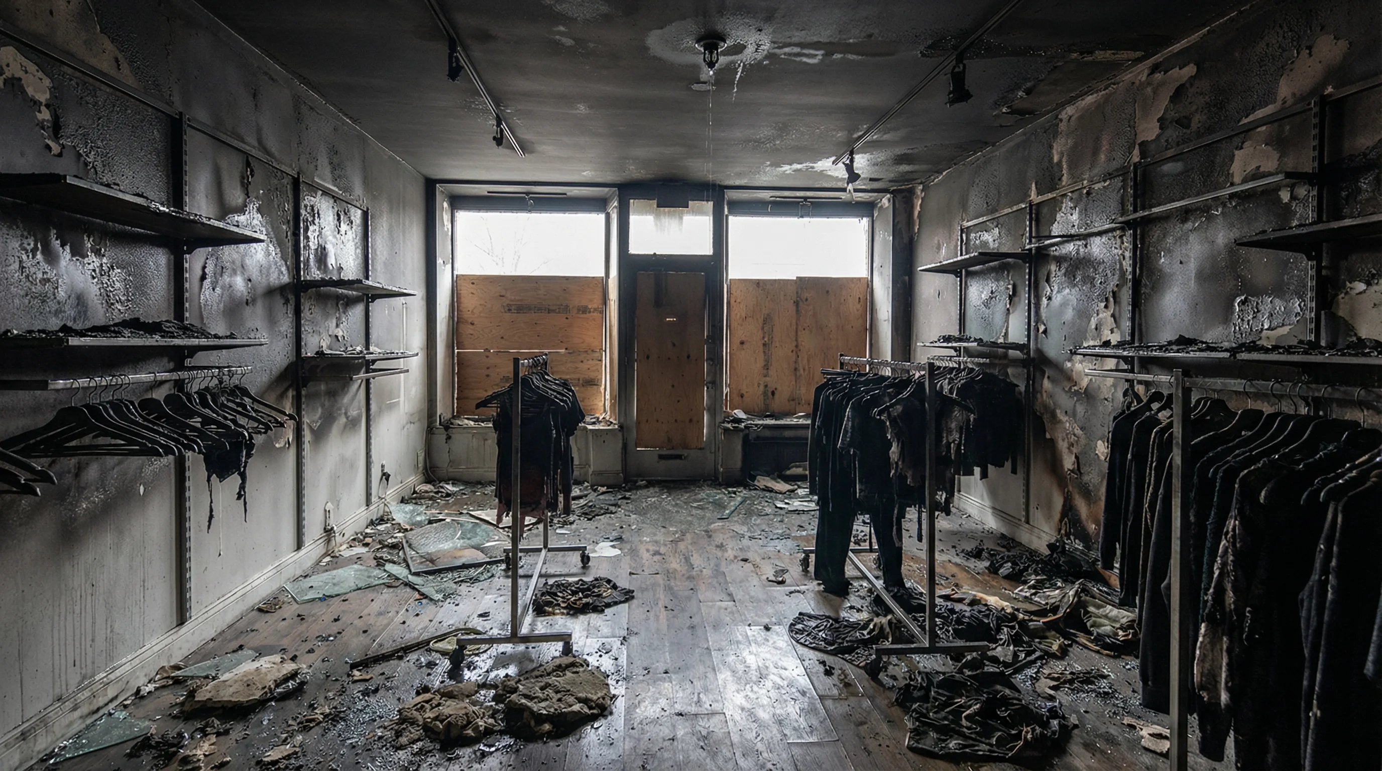 Fire-damaged commercial retail store requiring specialized fire restoration services