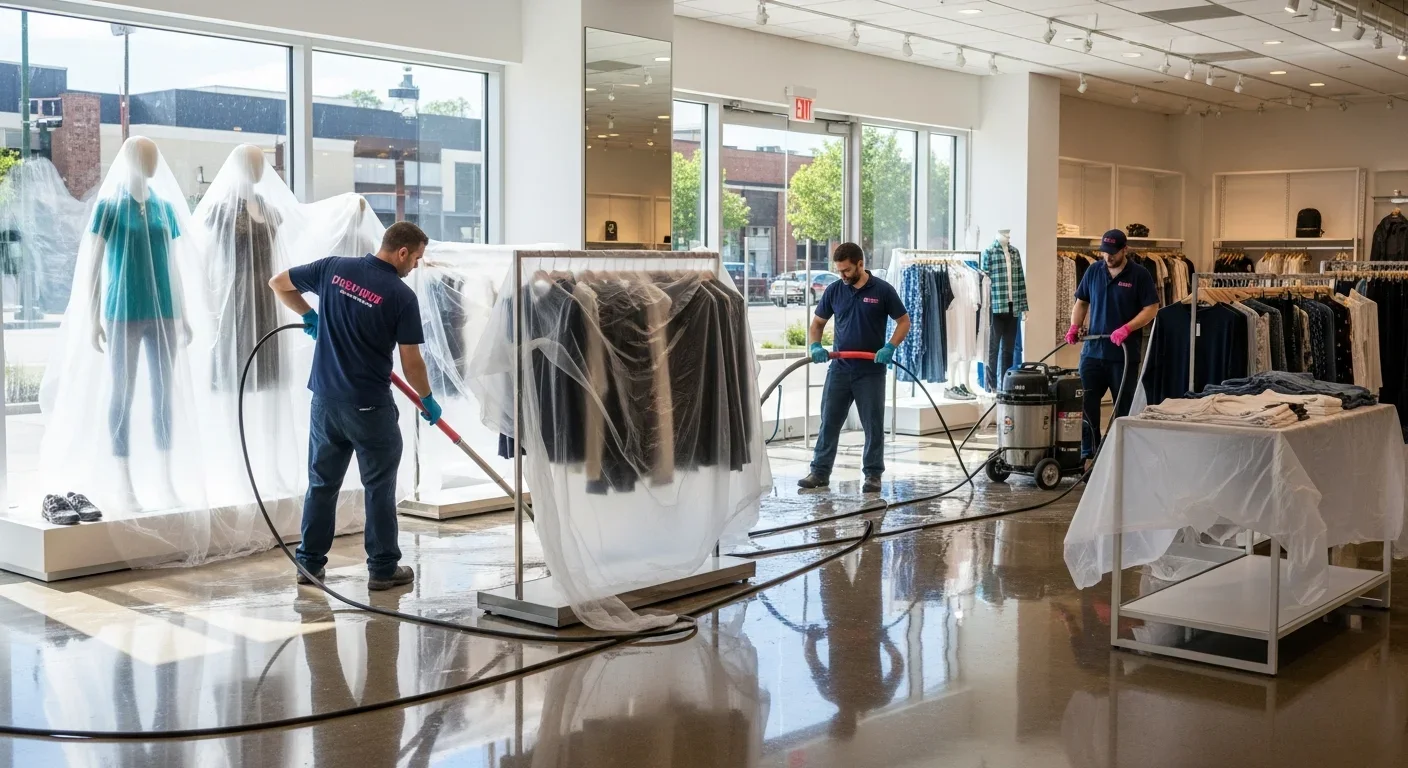 Modern retail interior with water mitigation in progress and protected fixtures