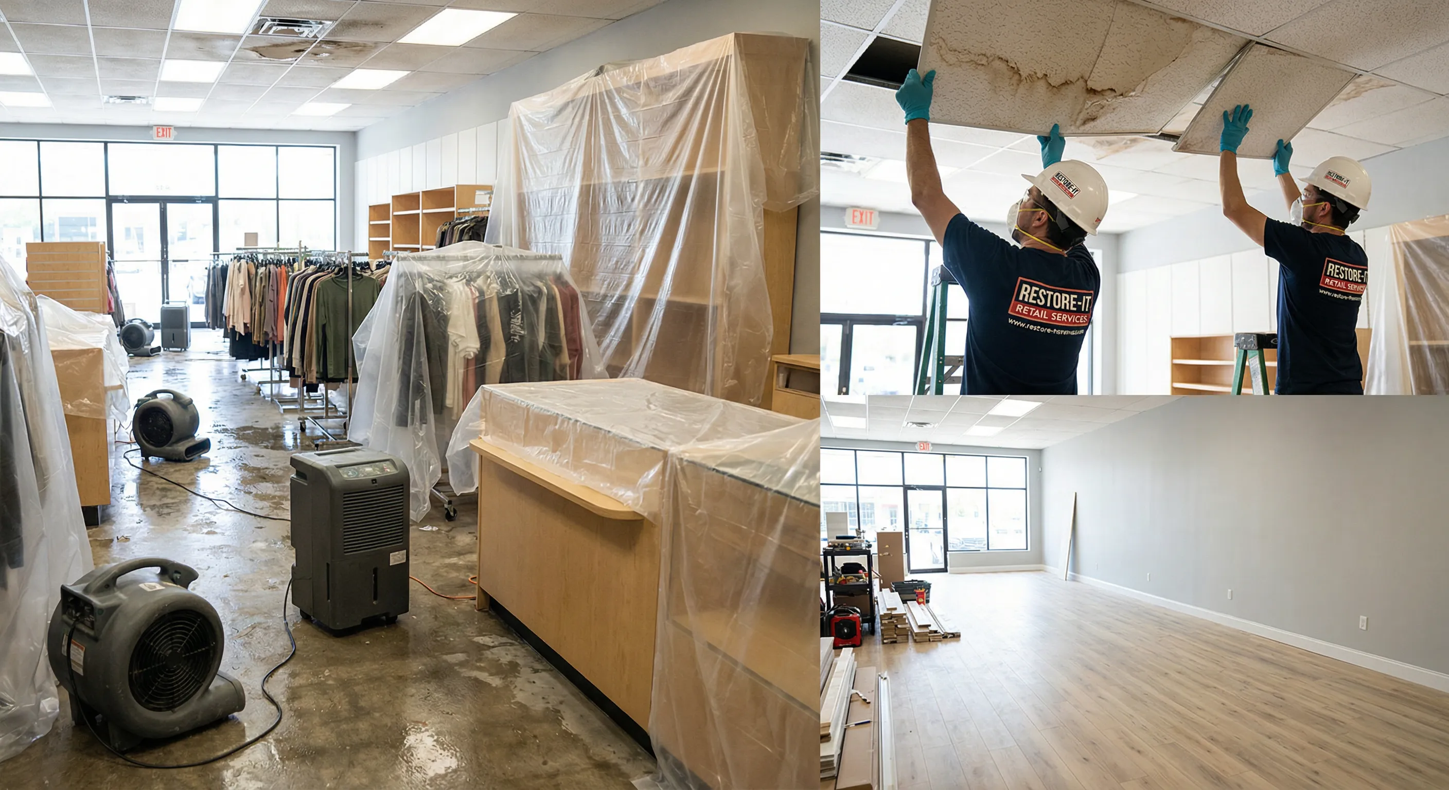 Retail store being restored after water damage with drying equipment