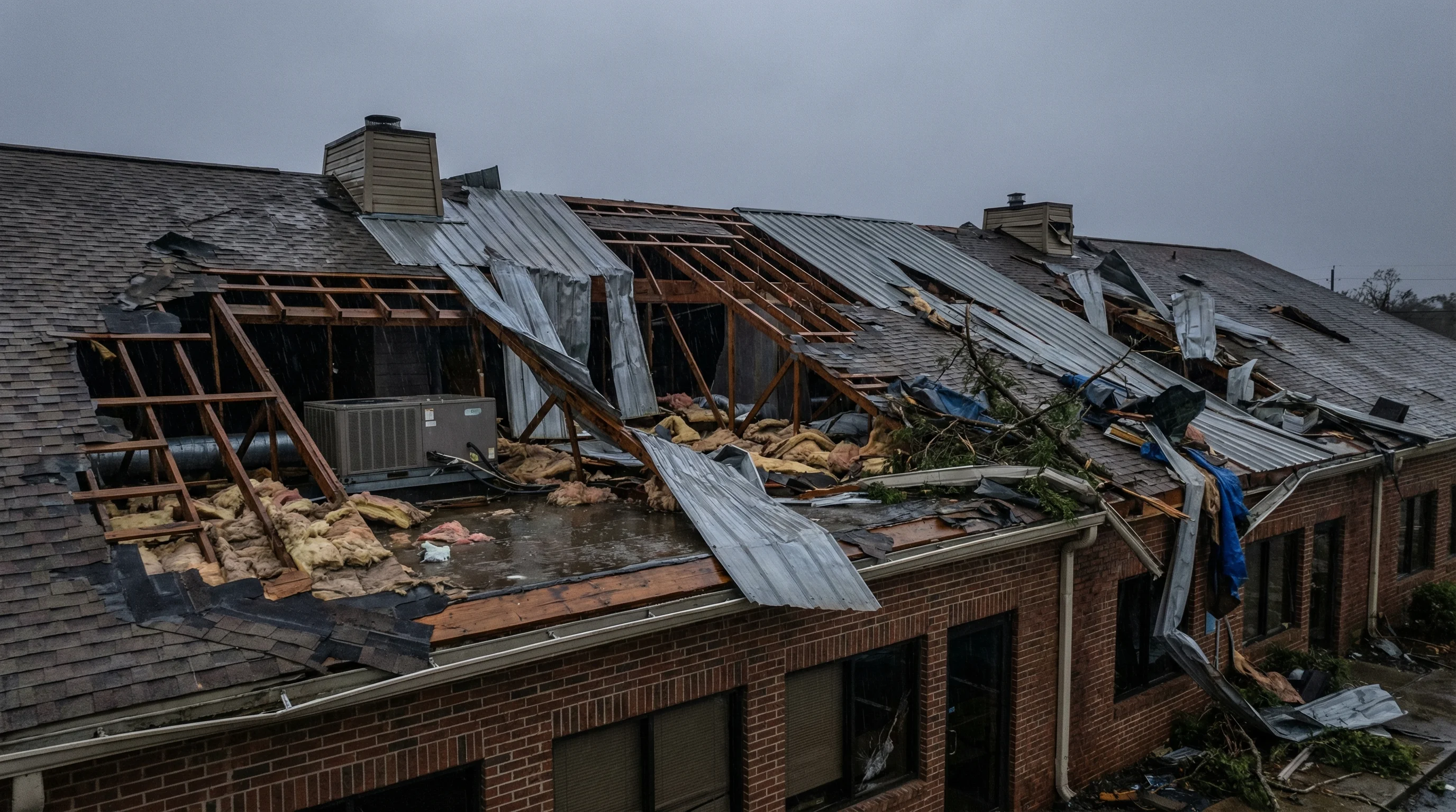 Storm-damaged commercial building roof requiring emergency repairs and restoration