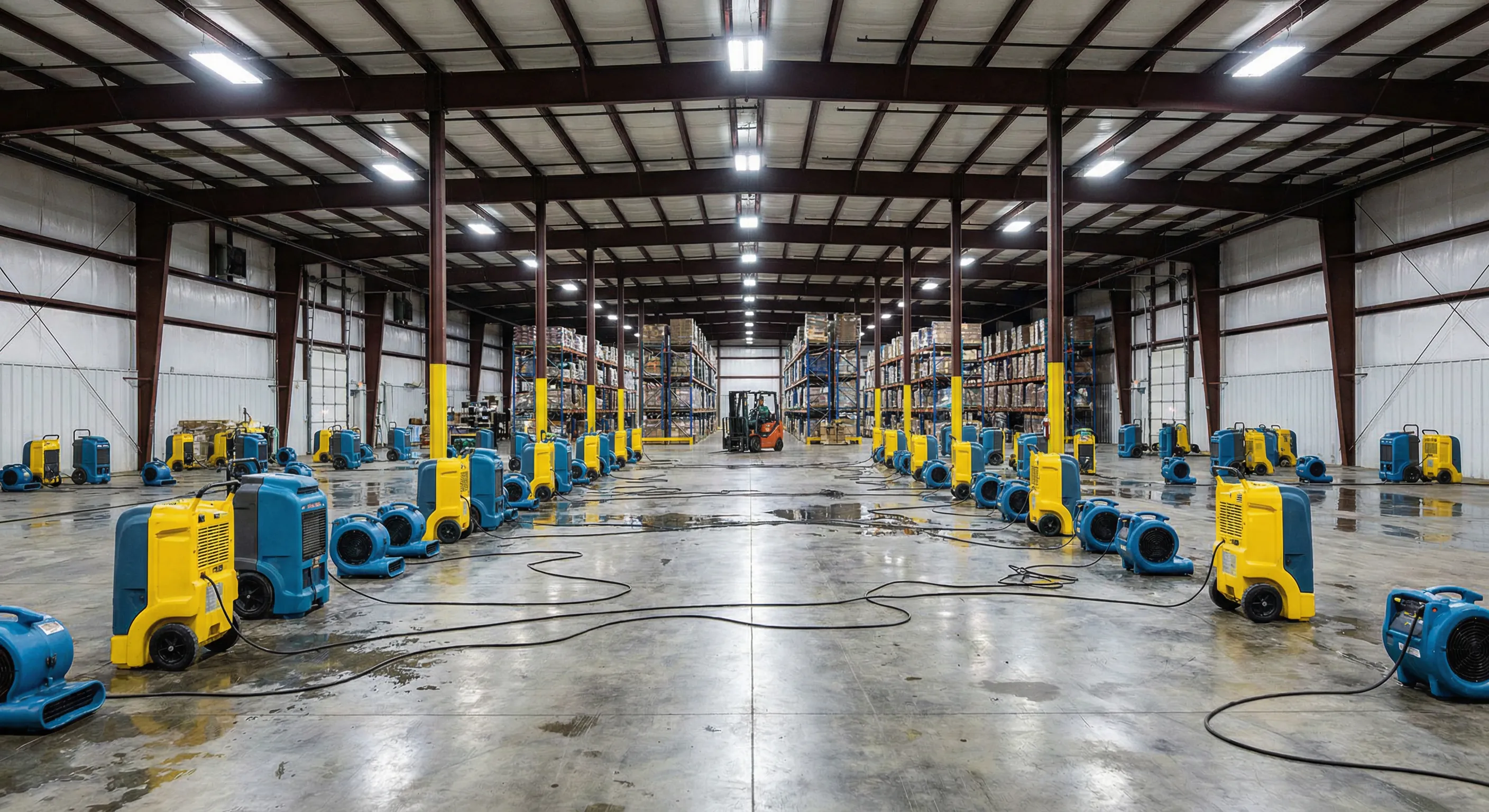 Industrial drying equipment deployed across warehouse floor