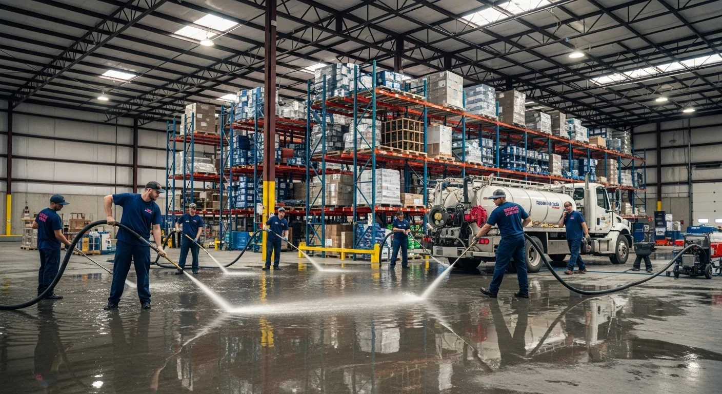 Large industrial warehouse with truck-mount extraction across the slab