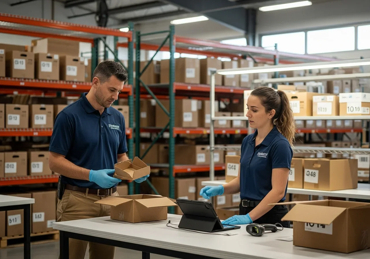 Contents restoration technicians sorting and organizing household items in a climate-controlled warehouse, with labeled sections and barcode scanners visible in the background