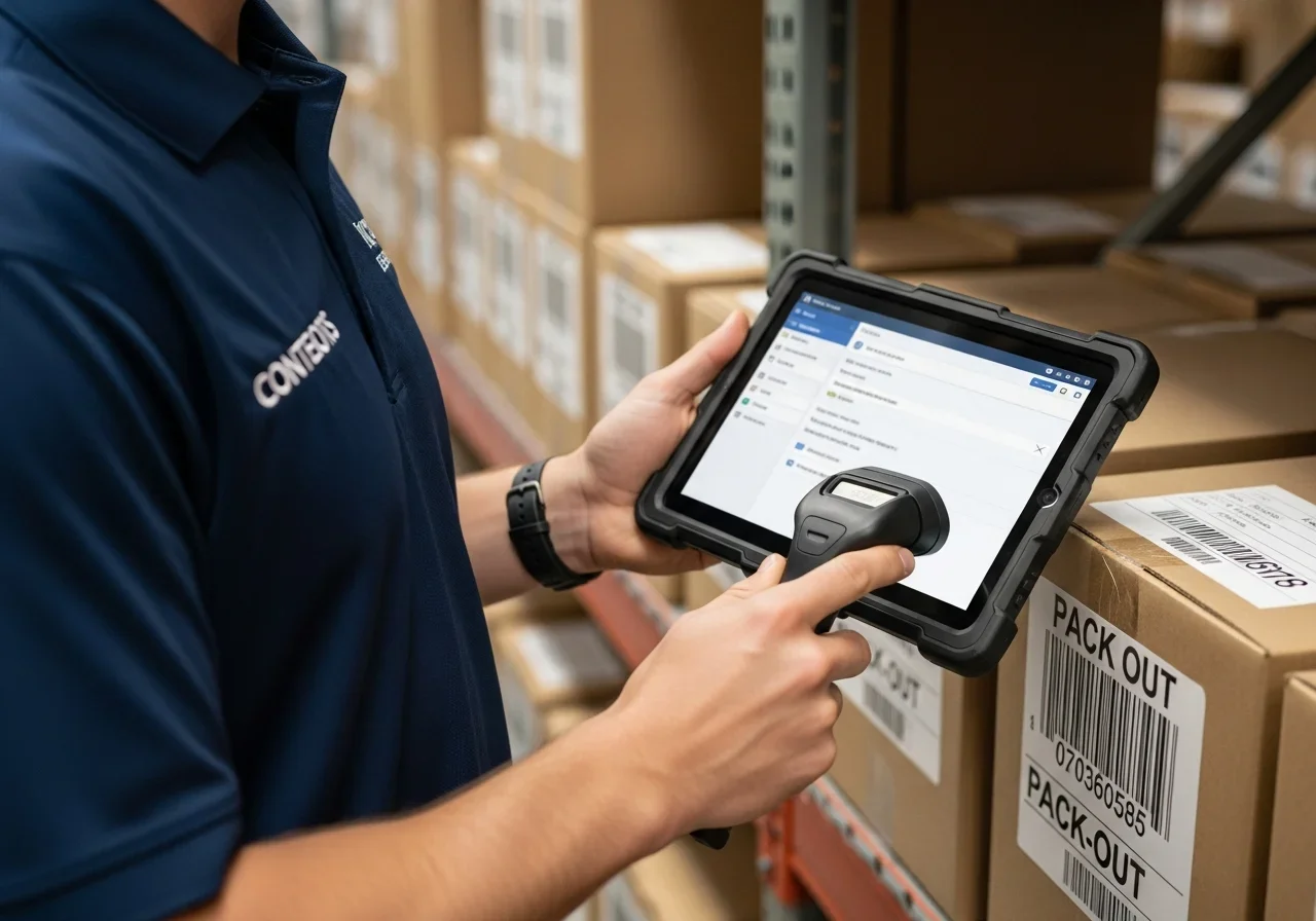 Contents restoration technician scanning a barcode label on a boxed item using a tablet, logging it into a digital inventory system