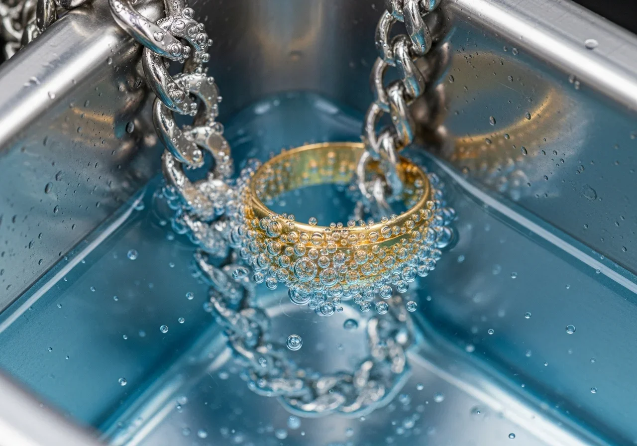 Close-up of jewelry pieces being processed in an ultrasonic cleaning unit during professional contents restoration