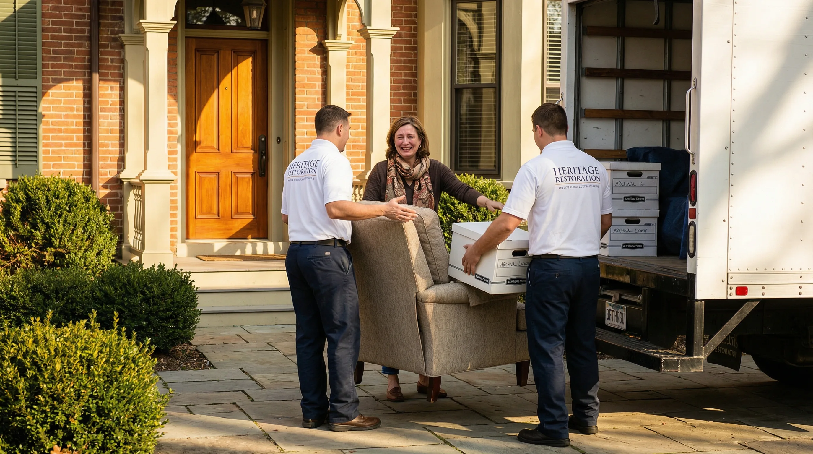 Restoration team returning items to a restored home
