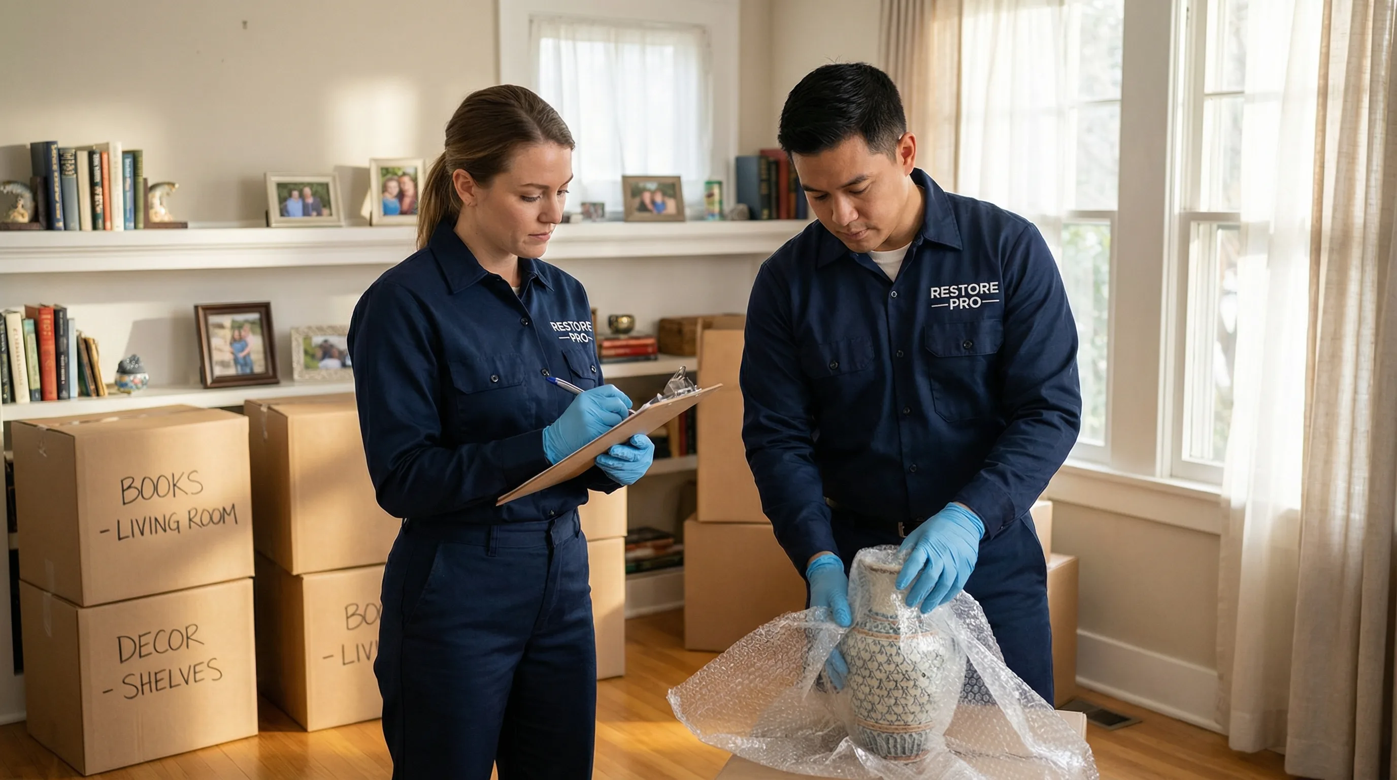 Professional restoration team packing and inventorying household items