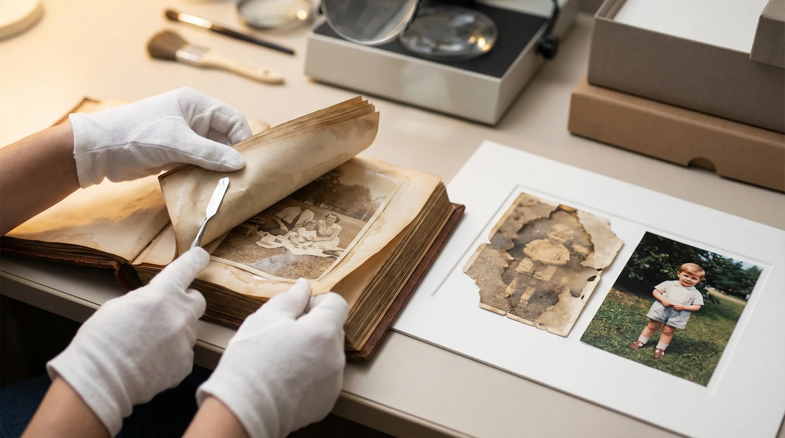 Water-damaged photographs being carefully separated