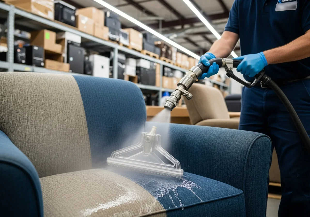Upholstery hot water extraction cleaning in warehouse bay