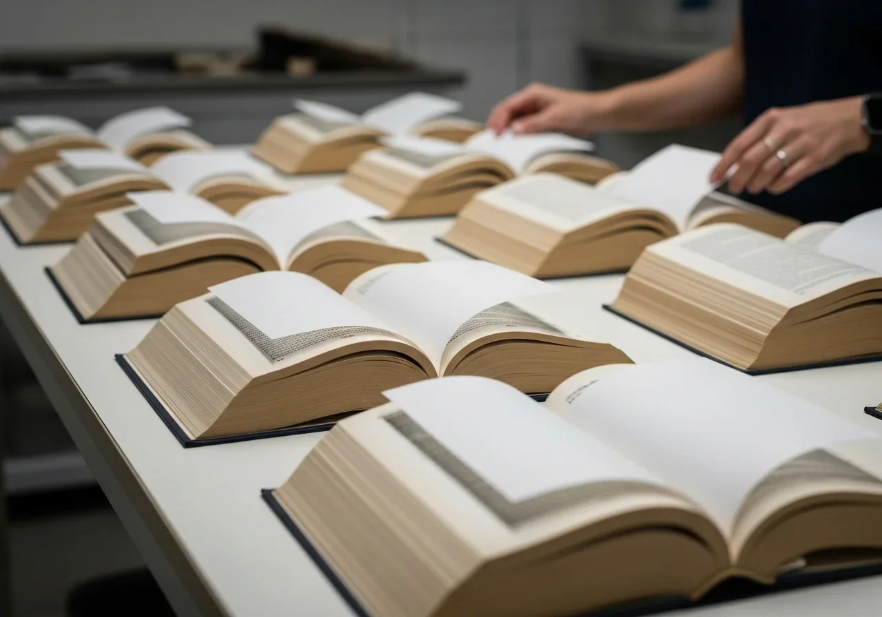 Water-damaged books and documents fanned open and drying in a controlled environment after a flood, showing the careful handling required for porous materials